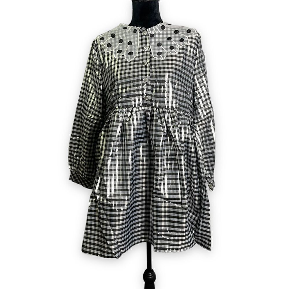 Sister Jane Glint Check Smock Dress in Black and Silver with Collar Detail